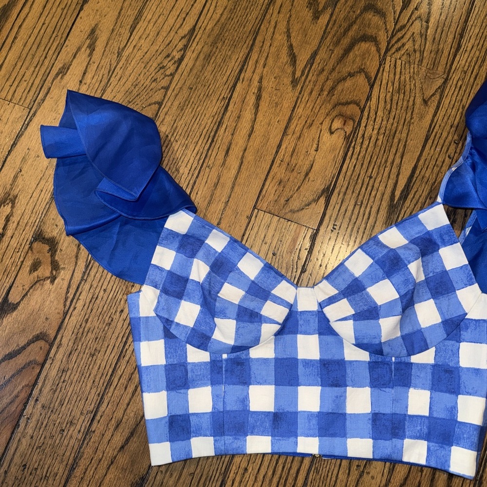 Neubyrne Women's Gingham Plaid Crop Blue White Check Medium Back Zip Bralette - Picture 3 of 9